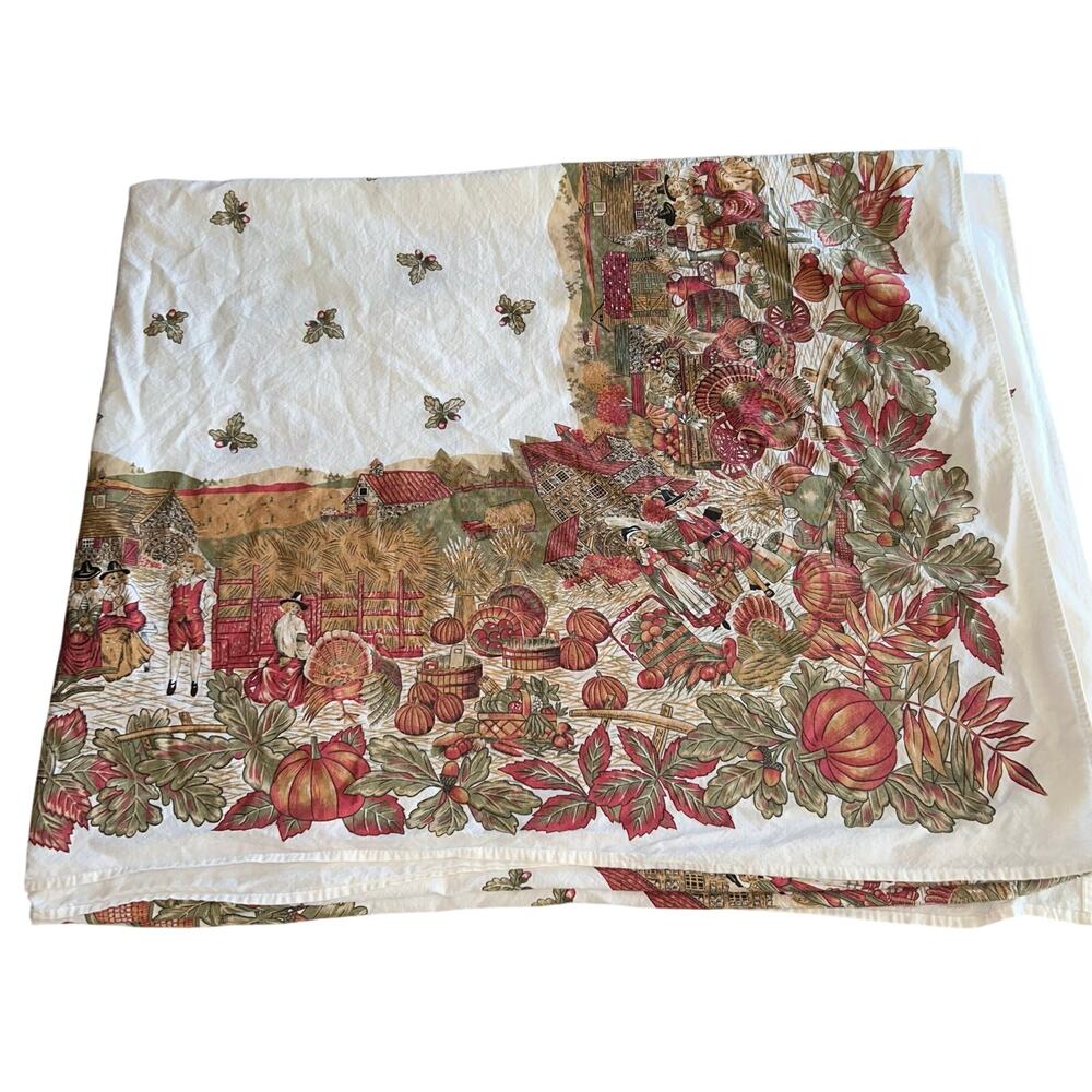 Vintage Fall Thanksgiving Tablecloth Pilgrims Gourds Mums Wheat Print 95"x56"